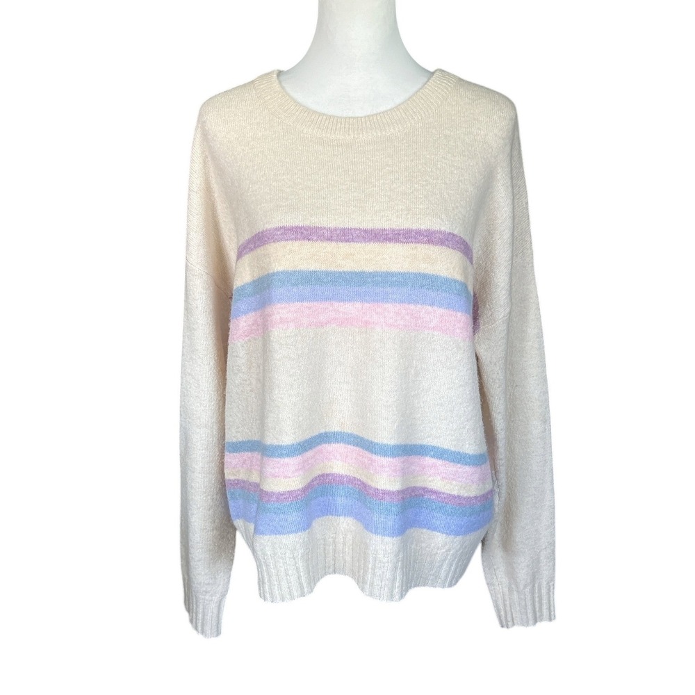 Park Adelyn Ivory Pastel Stripe Knit Pullover Sweater, Large, Feminine, Casual